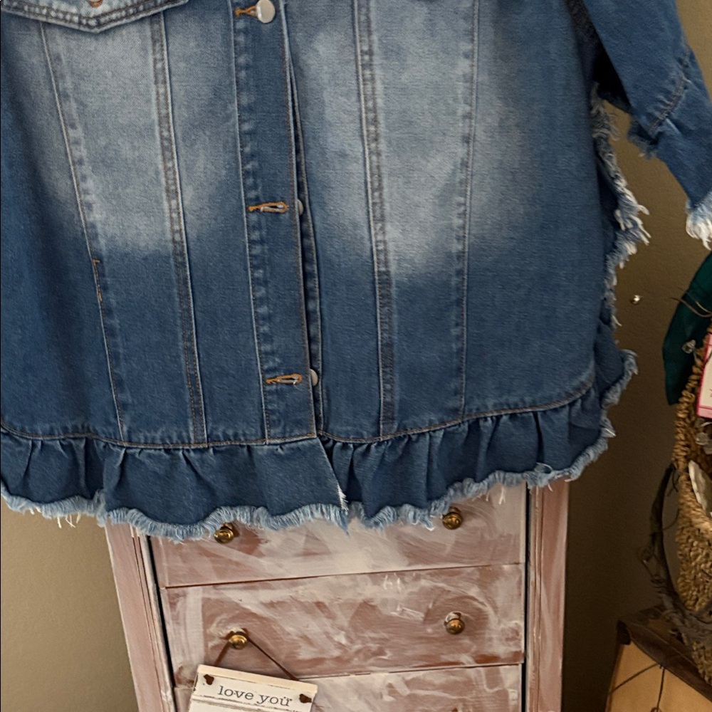 Distressed Denim Jacket with Ruffle Hem - Picture 2 of 5
